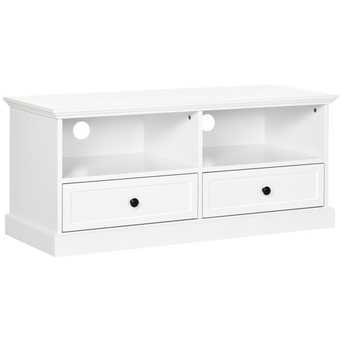 Modern TV Unit Cabinet for TVs up to 45 Inches, TV Stand with Drawers, Open Shelves, Cable Holes for Living Room, White