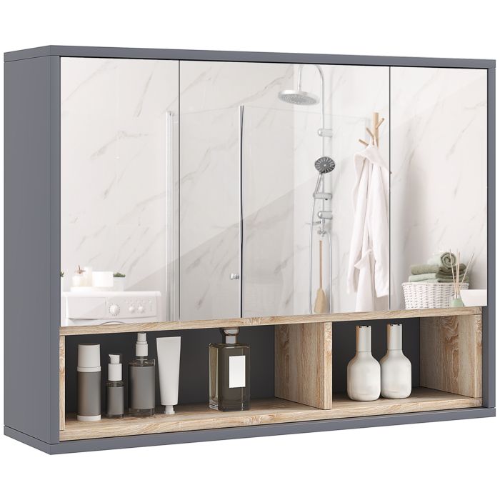 HERON Bathroom Mirror Cabinet, Wall Mounted Bathroom Cabinet with Mirror, 3 Doors and Cupboards, Grey