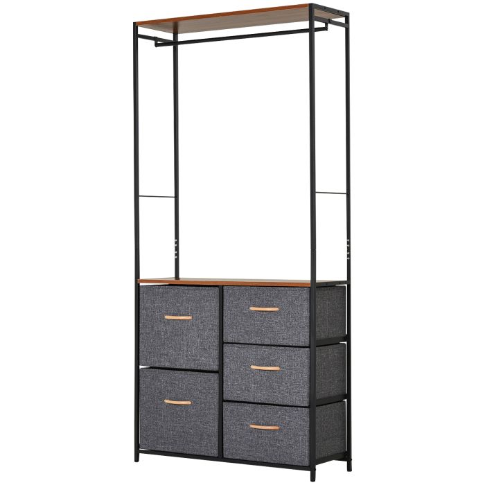 Wardrobe Dresser - Steel-Framed Storage with 5 Drawers, Coat Rack for Bedroom & Hallway, Black/Brown