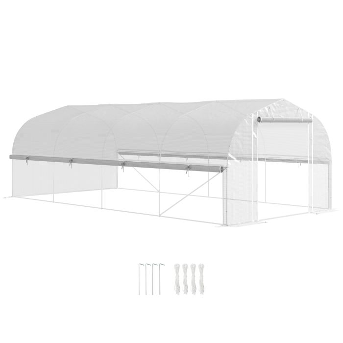 SUNVISTA 6 x 3 x 2m Walk-in Polytunnel Greenhouse, Zipped Roll Up Sidewalls, Mesh Door, 8 Mesh Windows, White