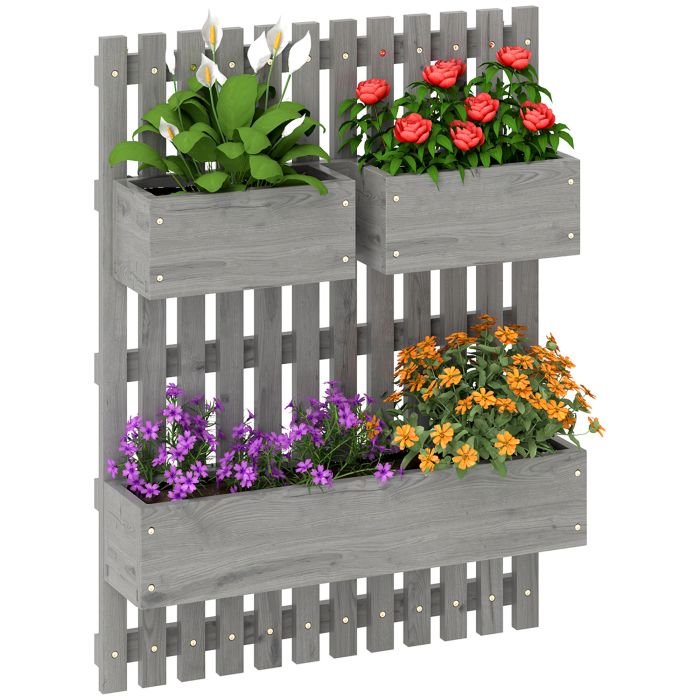 SUNVISTA Wall-mounted Wooden Garden Planters with Trellis, Drainage Holes and 3 Planter Boxes for Patio, Grey