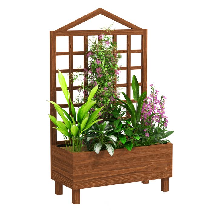 SUNVISTA Garden Planters with Trellis for Vine Climbing, Distressed Wooden Raised Beds, 90x43x150cm, Brown