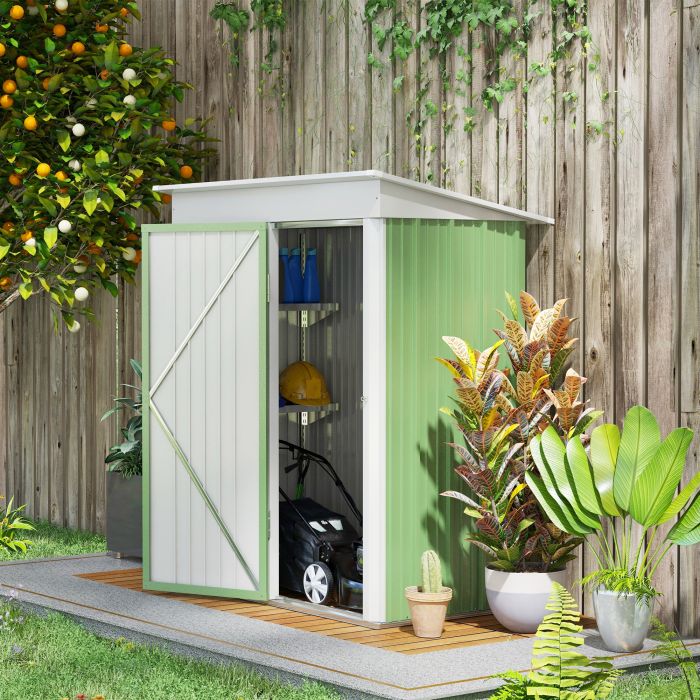 5'x3'x6' Metal Garden Shed Roofed Lean-to Shed for Tool Motor Bike, with Adjustable Shelf, Lock, Gloves, Green