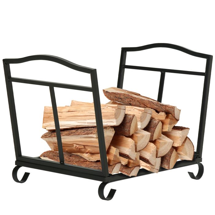 Firewood Log Rack Fireplace Log Holder Wood Storage Rack with Scrolls, Foldable Design, for Outdoor and Indoor Use, 48 x 34 x 37cm, Black