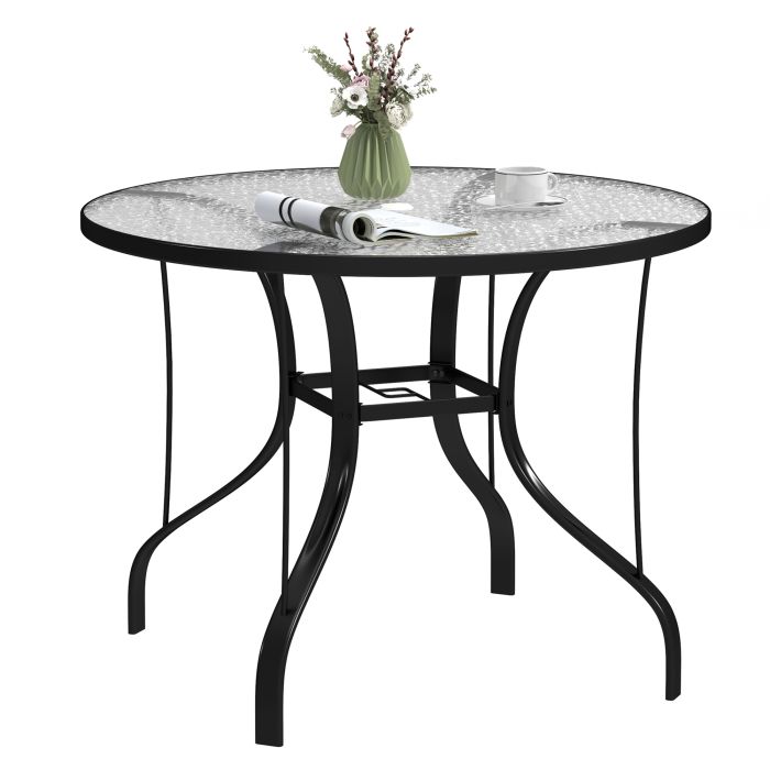SUNVISTA Tempered Glass Top Round Outdoor Dining Table with Parasol Hole, 96.5 x 96.5 x 71 cm