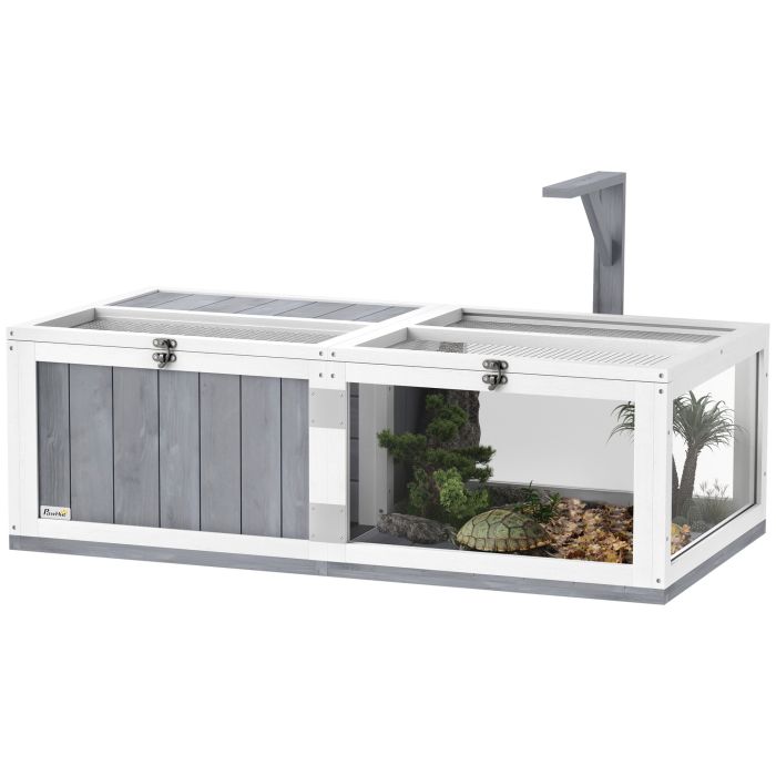 PAWSTER Wooden Tortoise House with Lamp Holder, Clear Observation Window, Openable Tops, Built-in Tray, Light Grey