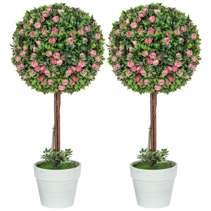 HERON Set of 2 Decorative Artificial Plants, Ball Topiary Tree with Rose Flower in Pot, Fake Plants for Home Indoor Outdoor Decor, 60cm, Pink