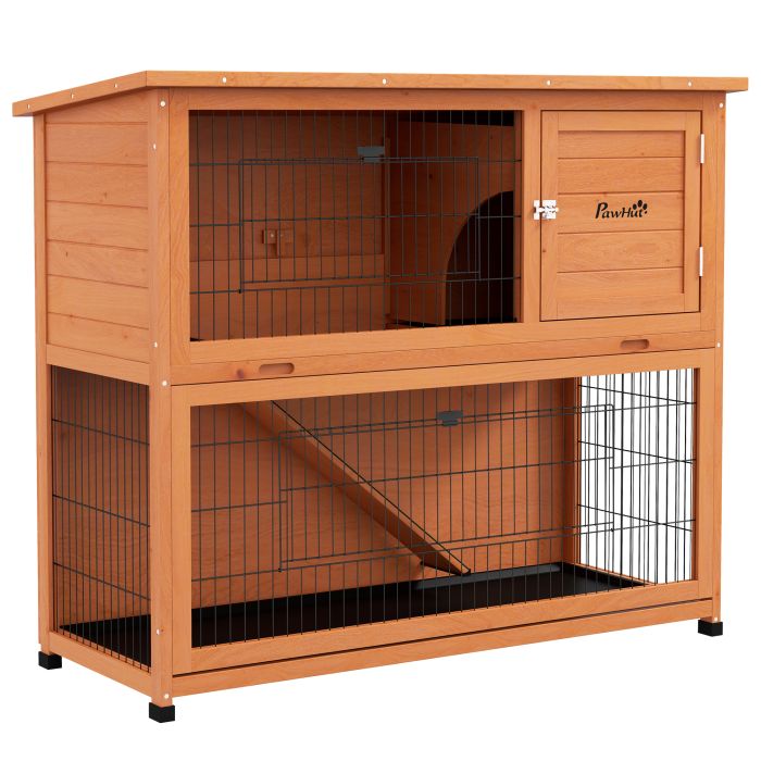 2 Tier Antiseptic Wood Rabbit Hutch with Run Outdoor Orange
