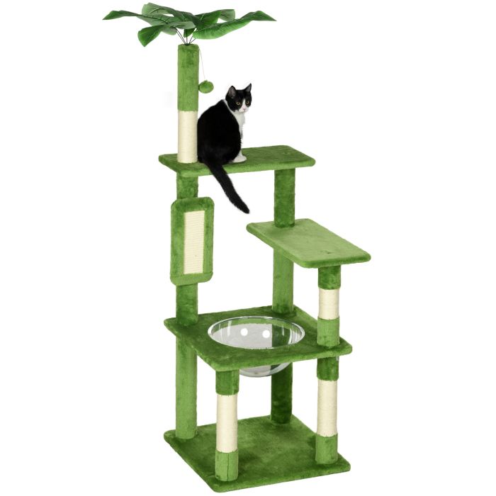 Green Cat Tree Tower with Scratching Post Hammock Toy Ball