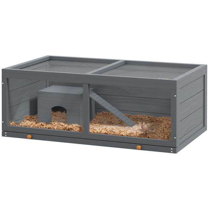 PAWSTER Wooden Hamster Cage with Sliding Tray, Openable Top, Hut for Syrian Hamsters, Grey
