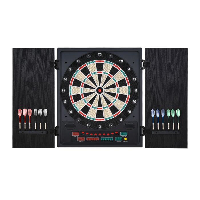 Electronic Dartboard In Case LED Scoreboard w/ 12 Darts 30 Heads Side Storage Cabinet Classic Game Family Fun Game Black White