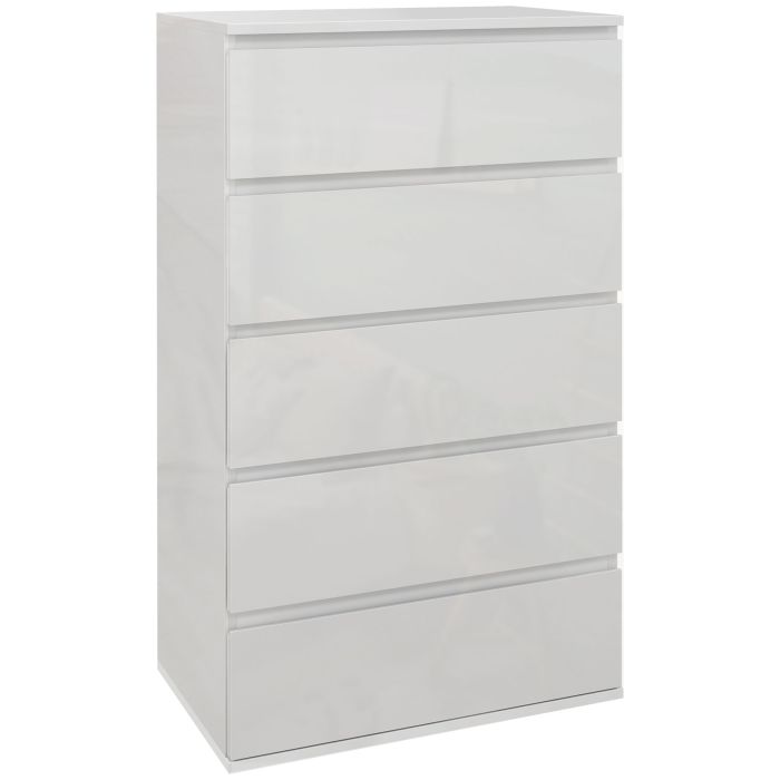 ROWAN White Chest of Drawers - Tallboy, Medium-sized, High Gloss Finish, 5 Drawers