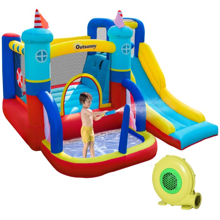 4 in 1 Kids Bounce Castle Large Sailboat Style Inflatable House Slide Trampoline Water Pool Climbing Wall for Kids Age 3-8, 2.65 x 2.6 x 2m