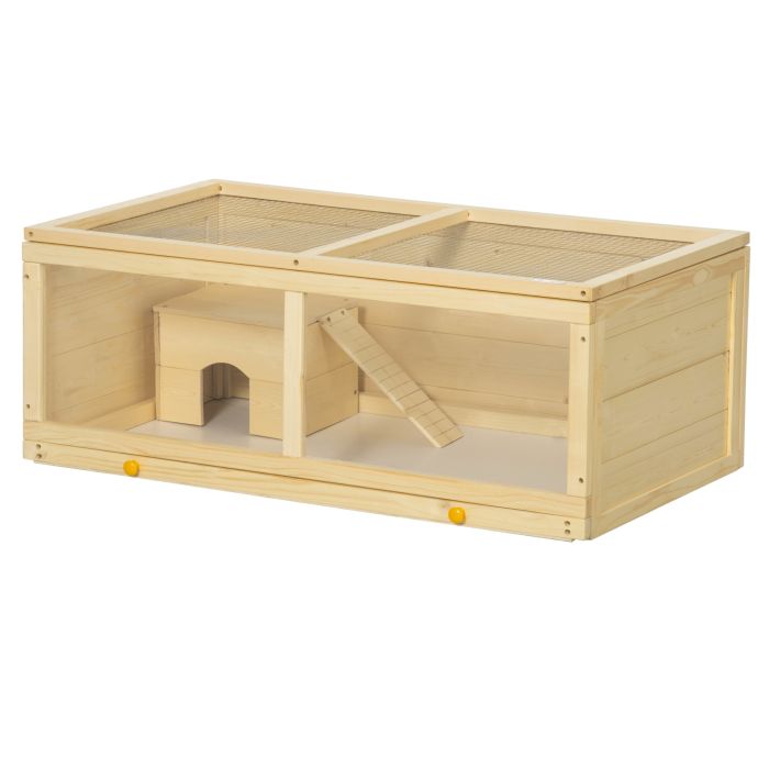 PAWSTER Wooden Hamster Cage with Sliding Tray, Openable Top, Hut for Syrian Hamsters, Natural Wood
