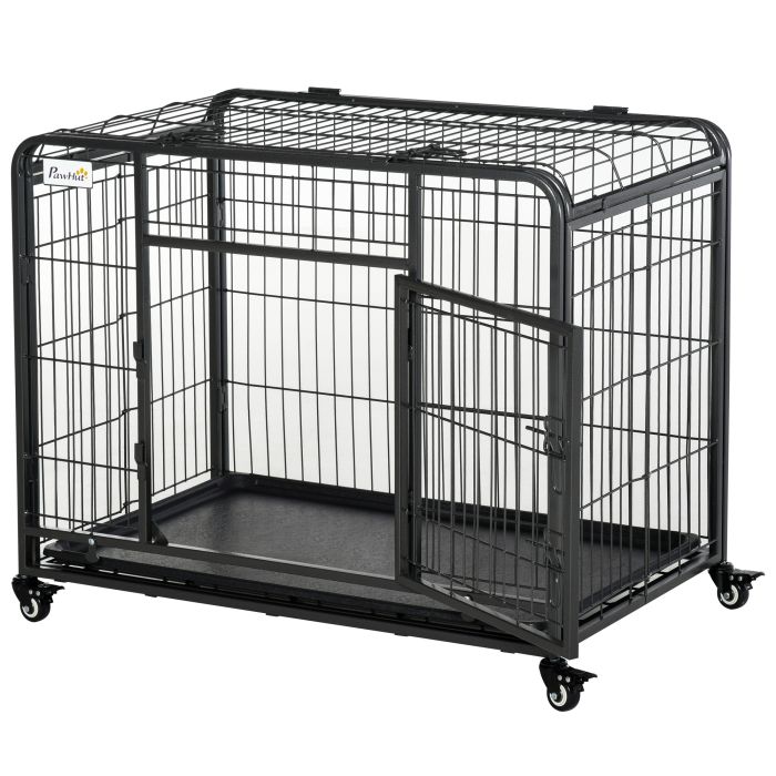 PAWSTER Metal Dog Cage Kennel Locking Door & Wheels Removable Tray Openable Top For Medium Pets 94 x 58 x 69.5 cm