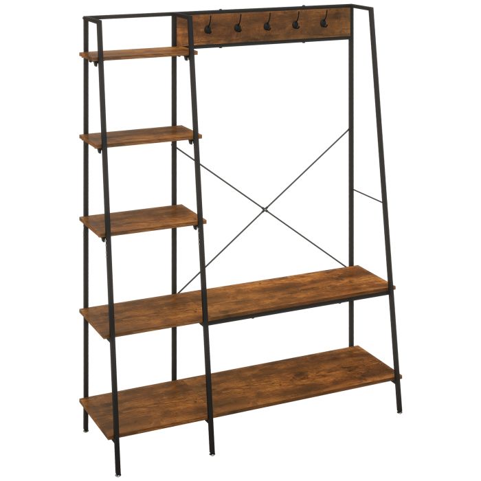 Free-Standing Hallway Unit with Shoe Rack Hooks and Shelves - Brown