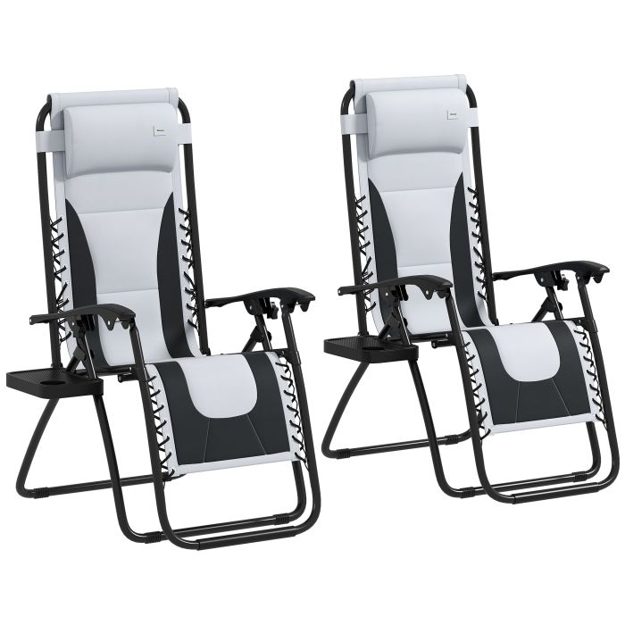 SUNVISTA Set of 2 Zero Gravity Loungers with Cushion, Cup Holder & Headrest, Reclining Garden Chairs, Grey