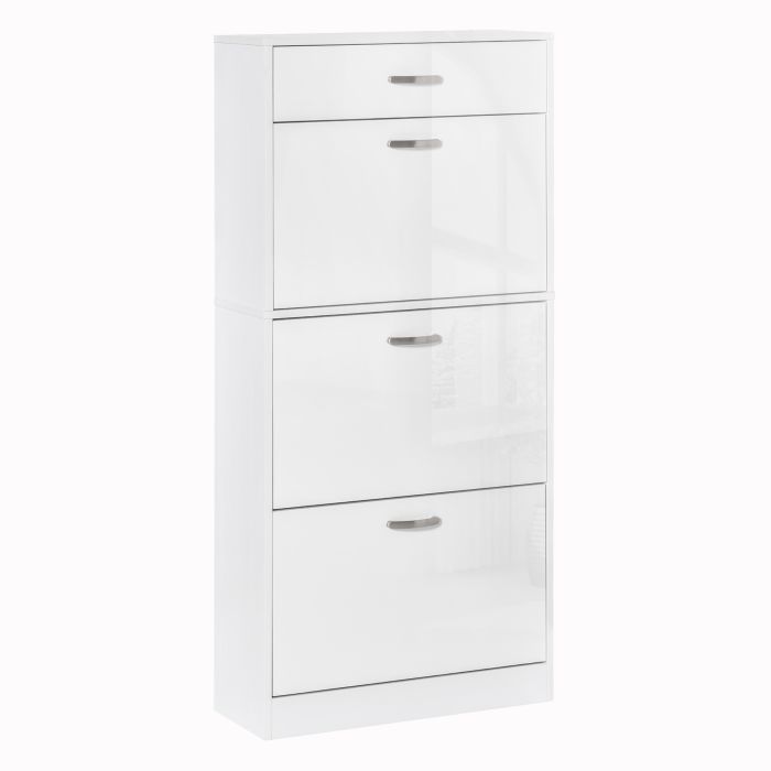Shoe Cabinet with 4 Drawers Storage High Gloss Cupboard with Flip Doors Pull Down Furniture Unit with Adjustable Shelves for 18 Pairs White