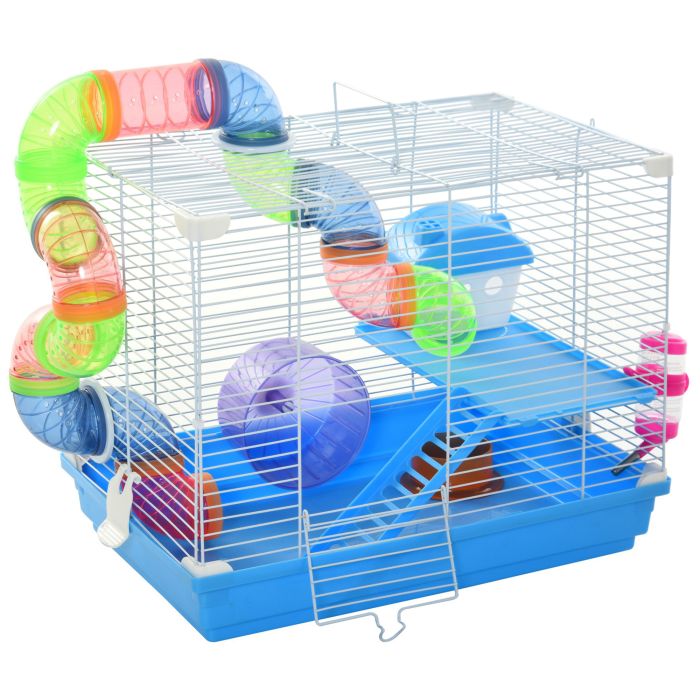2 Tier Hamster Cage Carrier Habitat Small Animal House with Exercise Wheels Tunnel Tube Water Bottle Dishes House Ladder for Dwarf Mice, Blue