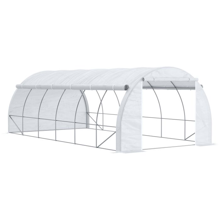 6 x 3 x 2 m Polytunnel Greenhouse, Walk in Pollytunnel Tent with Steel Frame, Reinforced Cover, Zippered Door and 8 Windows for Garden White