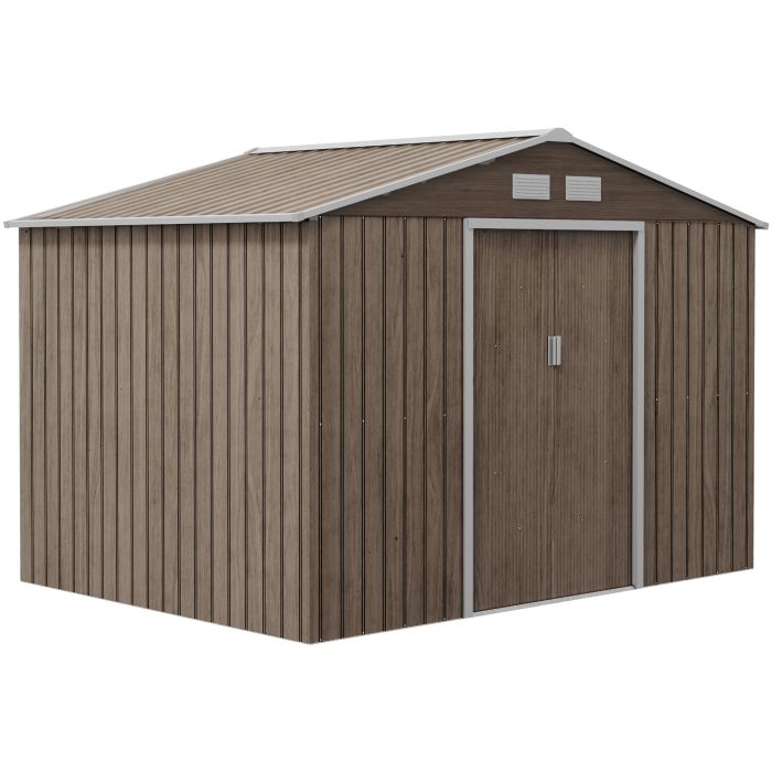 9 x 6ft Garden Metal Storage Shed, Outdoor Storage Tool House with Vents, Foundation and Lockable Double Doors, Brown