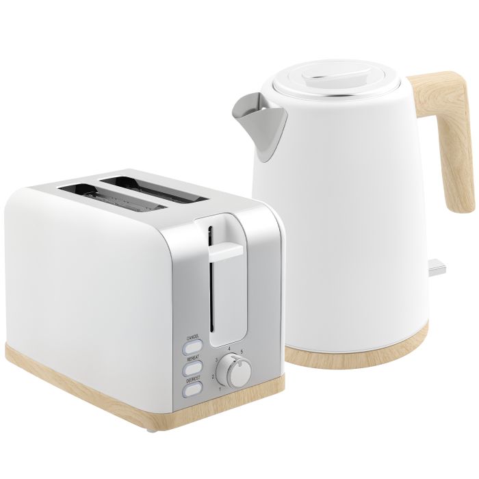 HERON Kettle and Toaster Set, 1.7L 3000W Fast Boil Kettle & 2 Slice Toaster Kitchen Set with 7 Level Browning Controls, Defrost, Reheat, White