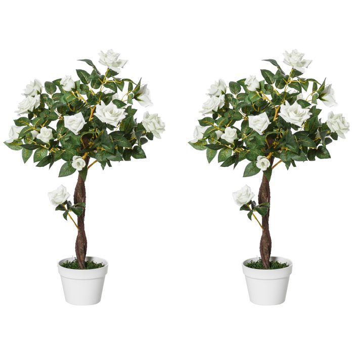 Set of 2 Artificial Plants White Rose Floral in Pot, Fake Plants for Home Indoor Outdoor Decor, 90cm