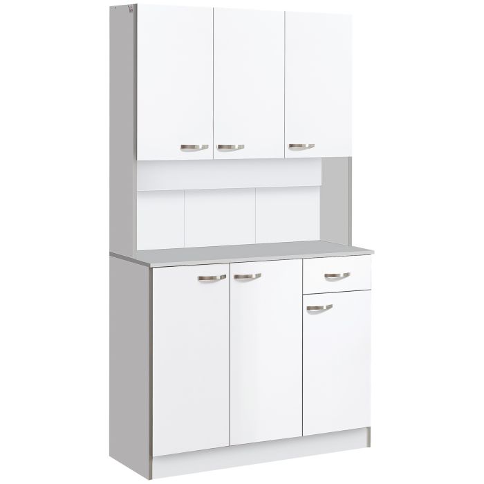 Freestanding Kitchen Storage Cabinet with 6 Doors, Drawer and Adjustable Shelves - White