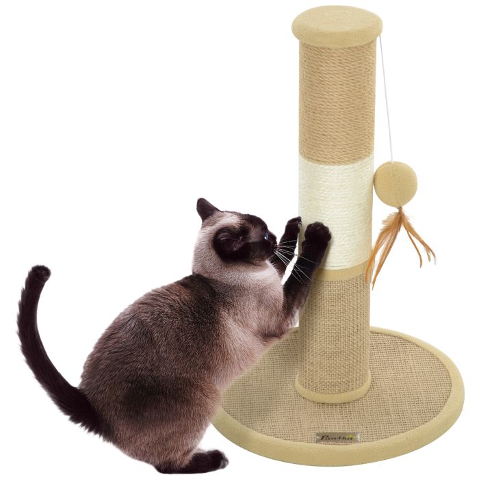 PAWSTER Cat Scratching Post for Indoor Cats, 47cm Tall Cat Scratcher with Jute Sisal Rope, Hanging Toy Ball, Feather, Brown