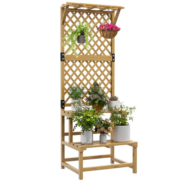 SUNVISTA Wooden Plant Stand, with Trellis - Natural Finish
