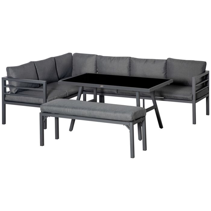 4 Piece L Shaped Garden Furniture Set 8 Seater Aluminium Conversation Sofa Set w/ Bench, and Cushions - Grey