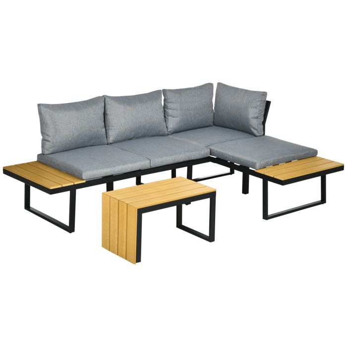 3 Pieces Patio Furniture Set, Outdoor Garden Sofa Conversation Set w/ Padded Cushions, Wood Grain Plastic Top Table and Side Panel, Dark Grey