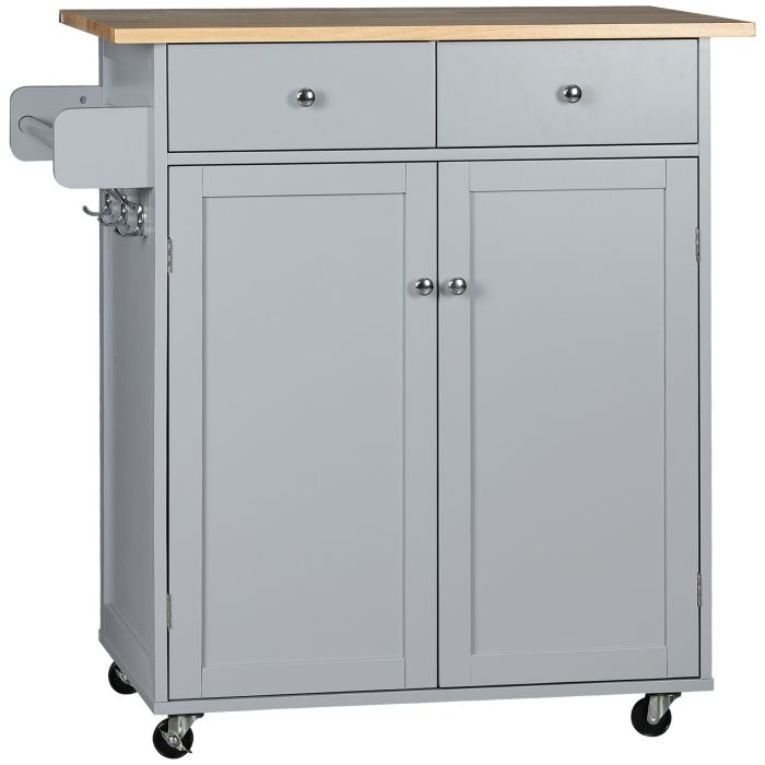 Rolling Kitchen Island on Wheels with Rubber Wood Top, Towel Rack and Storage Drawers - Grey