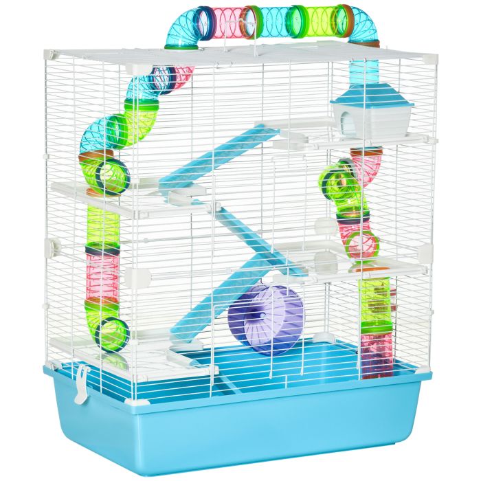 PAWSTER Hamster Cage w/ Water Bottle, Exercise Wheel, Tubes, Ramps - Light Blue