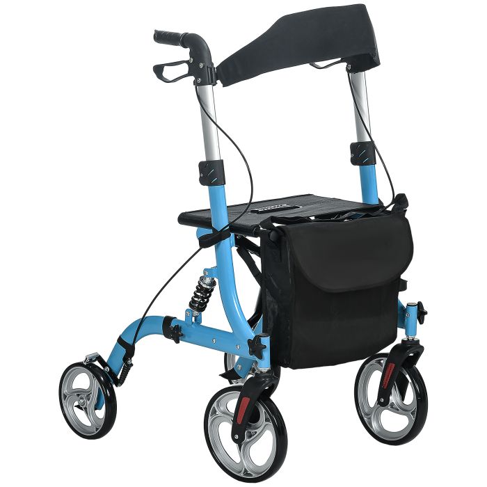 4 Wheel Rollator with Seat & Back, Lightweight Folding Walker w/ Large Wheels, Carry Bag, Adjustable Height, Dual Brakes, Blue