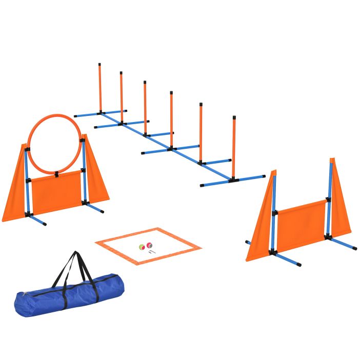 PAWSTER 6 Pieces Dog Agility Equipment Set with Weave Poles, Jump Ring and Hurdle, Pause Box and Carry Bag, Orange