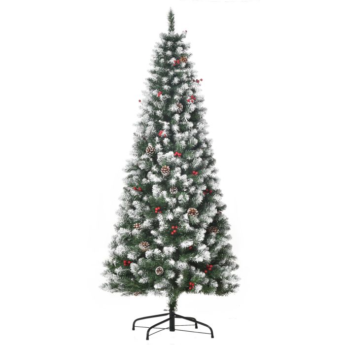 Debbie 6FT Prelit Christmas Tree Xmas Pencil Tree with Red Berries and Pinecones with Foldable Feet - Green