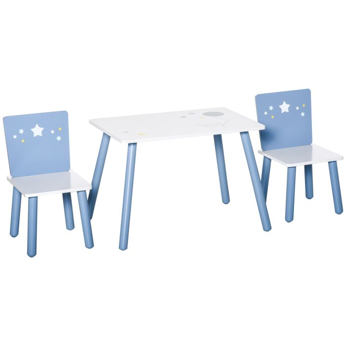 Kids Table and Chairs Set - 3 Pcss with Star Design - Blue and White