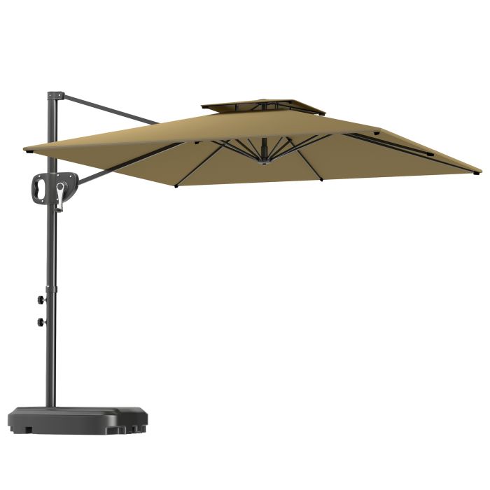 SUNVISTA Cantilever Parasol with Weighted Base Double Top Garden Parasol Square Hanging Patio Umbrella with Crank Tilt Khaki