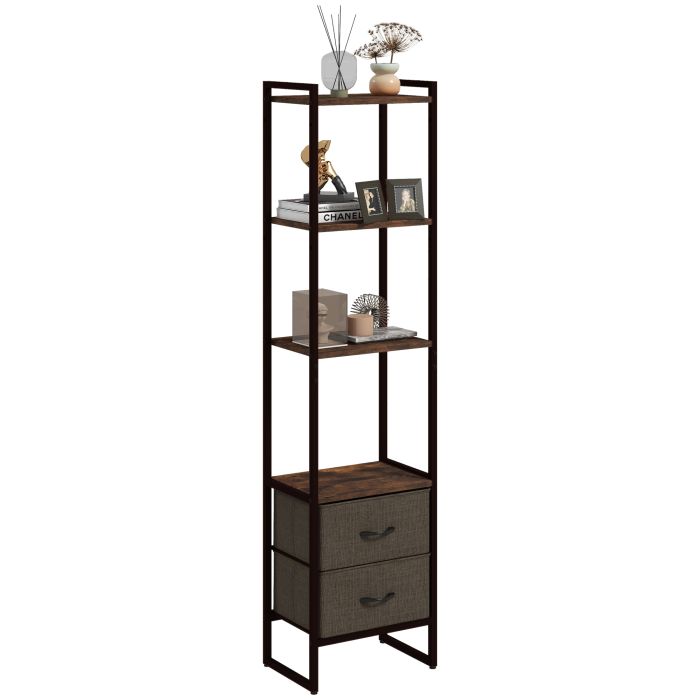 Industrial Bookcase 4-Tier Storage Shelf with 2 Fabric Drawers and Metal Frame for Living Room, Bedroom, Rustic Brown
