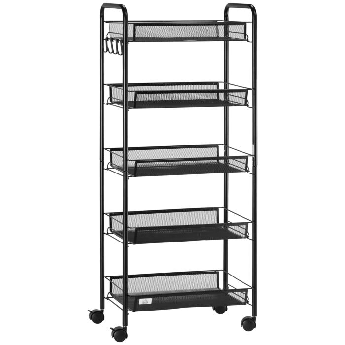 Scott 5 Tier Rolling Utility Metal Storage Cart for Storage with Removable Mesh Baskets - Black