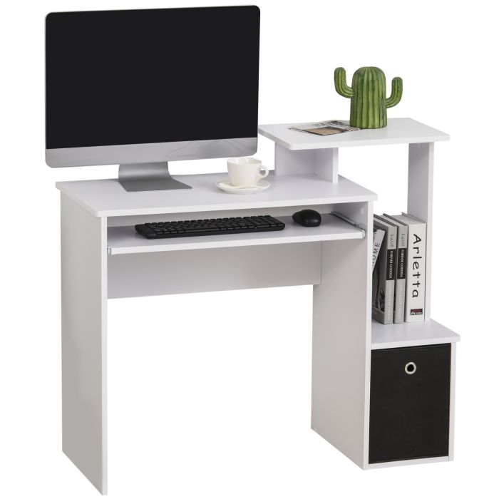 Compact Small Computer PC Desk with Sliding Keyboard Tray Storage Drawer Shelf Home Office Workstation Gaming Study White