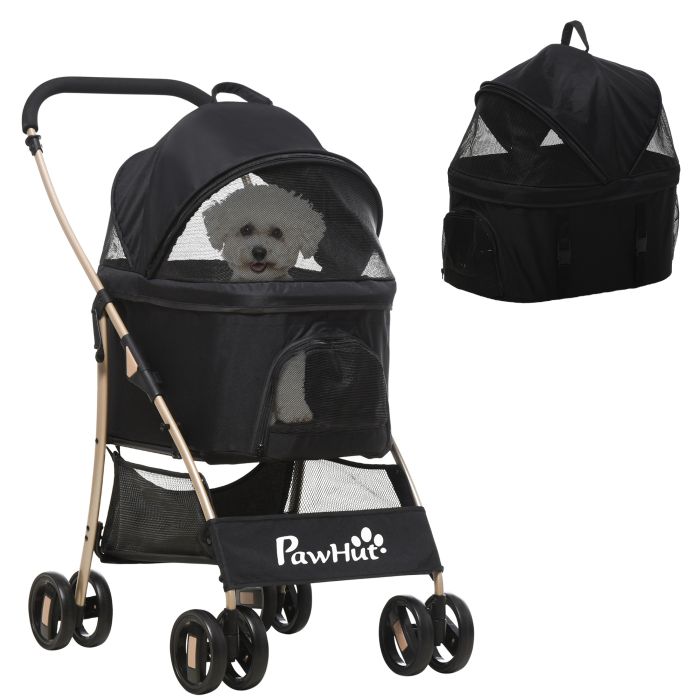 Detachable Pet Stroller, 3-In-1 Dog Cat Travel Carriage, Foldable Carrying Bag with Universal Wheel Brake Canopy Basket Storage Bag, Black