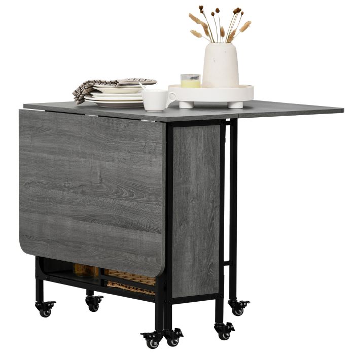 Mobile Drop Leaf Table Folding Kitchen Table Extendable Dining Table For Small Spaces With 6 Wheels & Storage Shelf