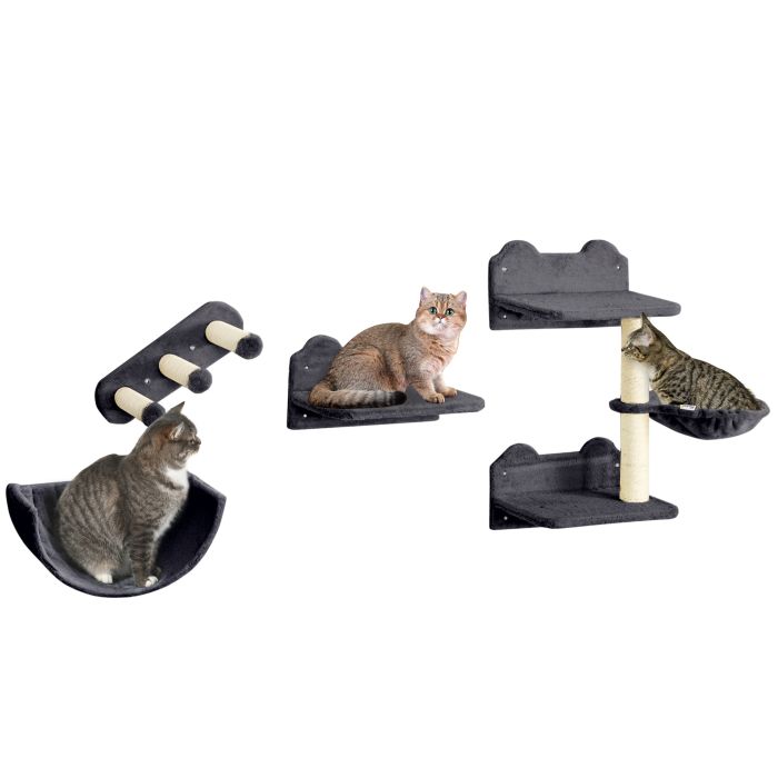 Shelley 4PCs Wall-Mounted Cat Shelves with Hammock and Nest - Dark Grey