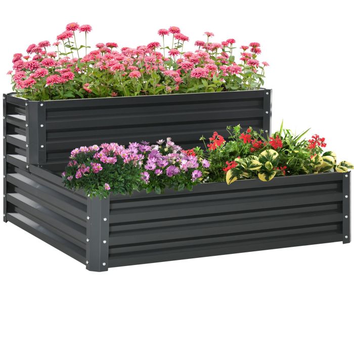 2 Tier Raised Garden Bed, Galvanised Planter Box with Open Bottom for Vegetables Flowers Herbs, 120x101x58cm, Dark Grey