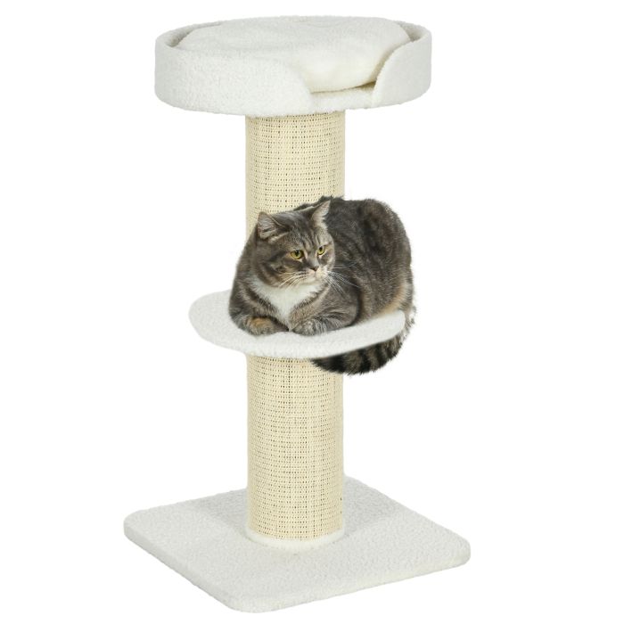 2 Tier Sisal Sherpa Cat Tree with Basket Cushion Sisal Post Cream White