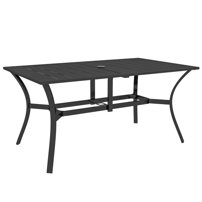 Rectangle Garden Dining Table with Parasol Hole, Patio Table with Steel Frame and Slat Tabletop, 150cm x 90cm, Black