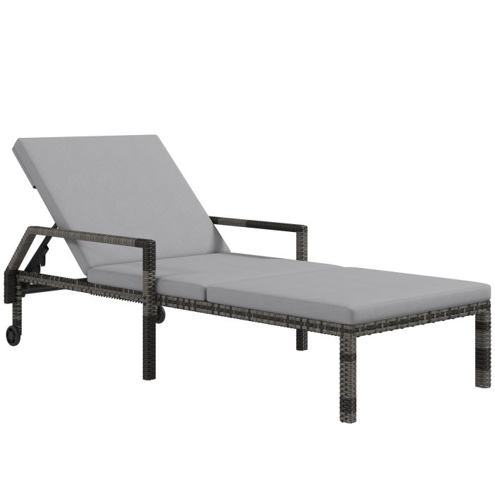 Outdoor Sun Lounger, Rattan Wicker Chaise Recliner with 5-Level Adjustable Backrest and 2 Wheels