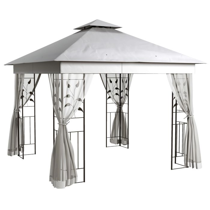 3(m) x 3(m) Double Roof Outdoor Garden Gazebo Canopy Shelter with Netting, Solid Steel Frame, Light Grey